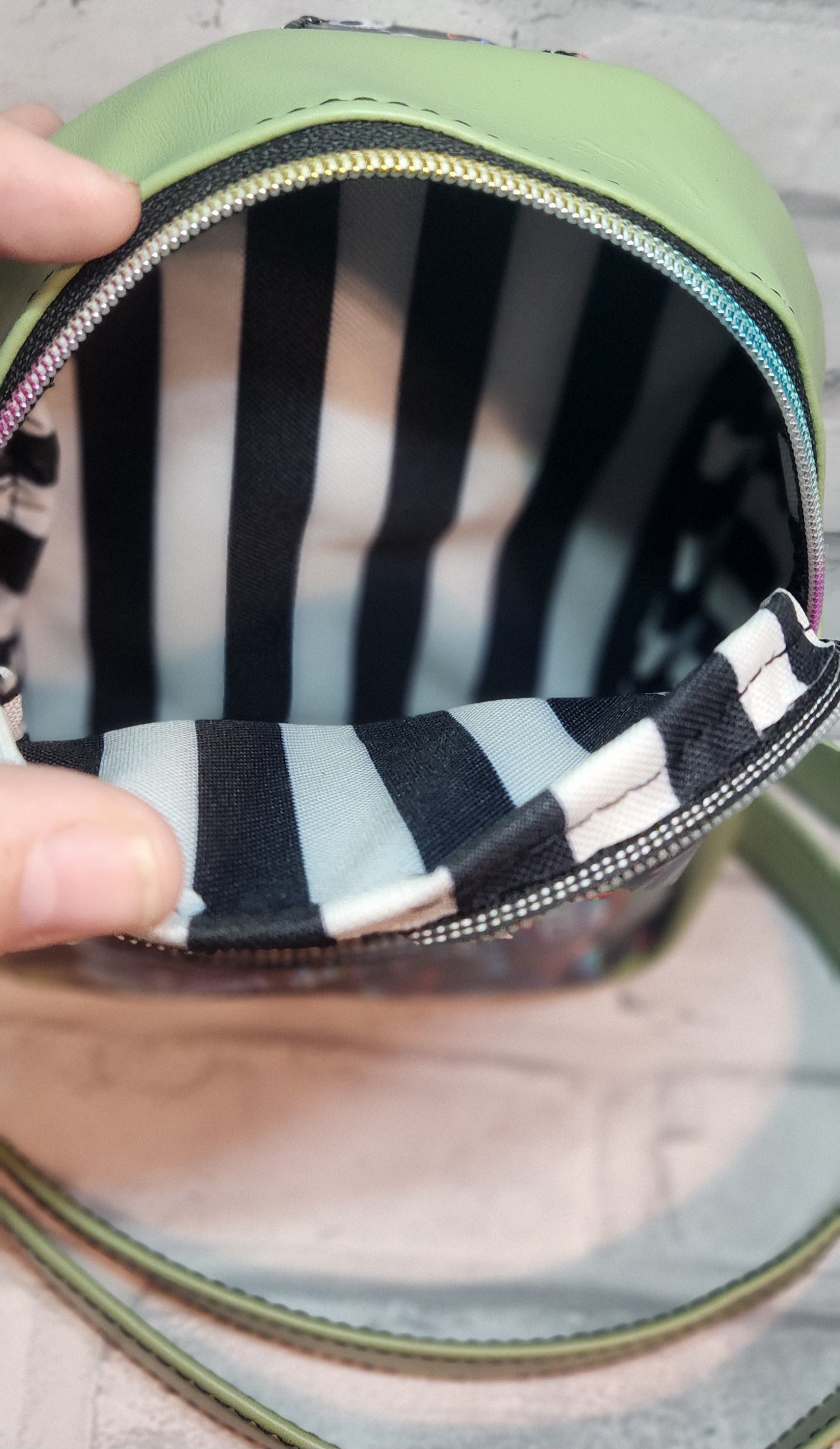 Tim Burton Vinyl Sling Bag With Black and White Stripped Lining