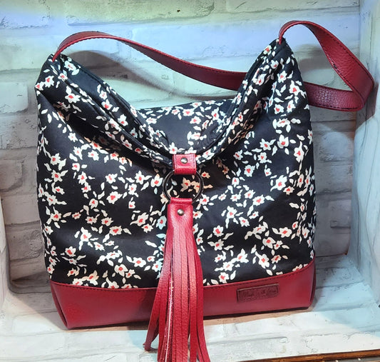 Red vinyl with Black and White Floral Slouch Bag