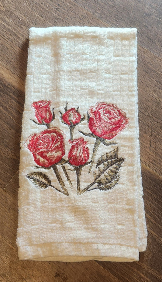 Embroidered White Kitchen Towel With Red Roses