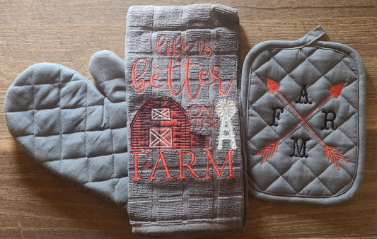 Embroidered "Life is Better on the Farm" kitchen towel and Mitt