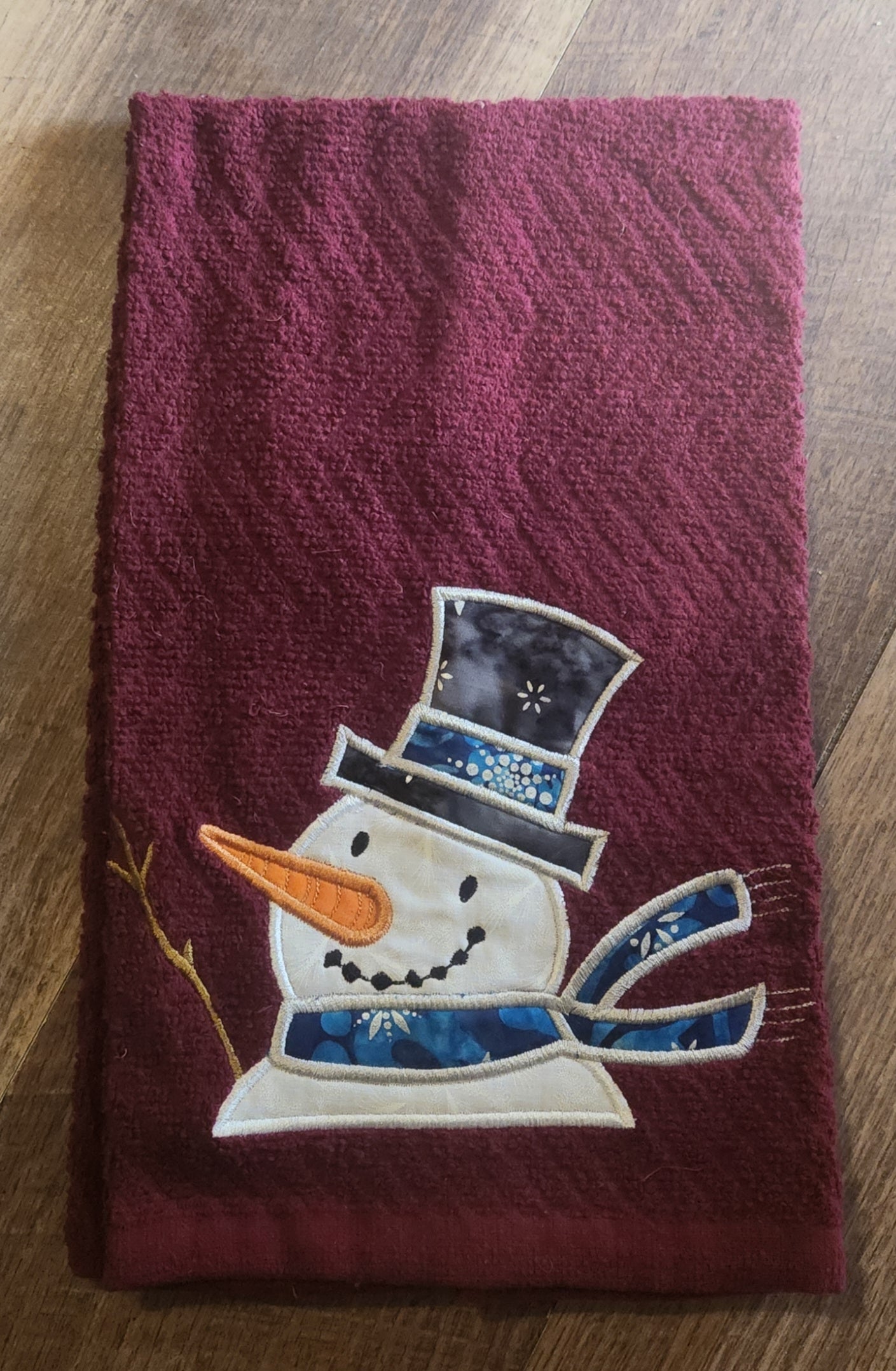 Embroidered Applique Snowman Kitchen Towel