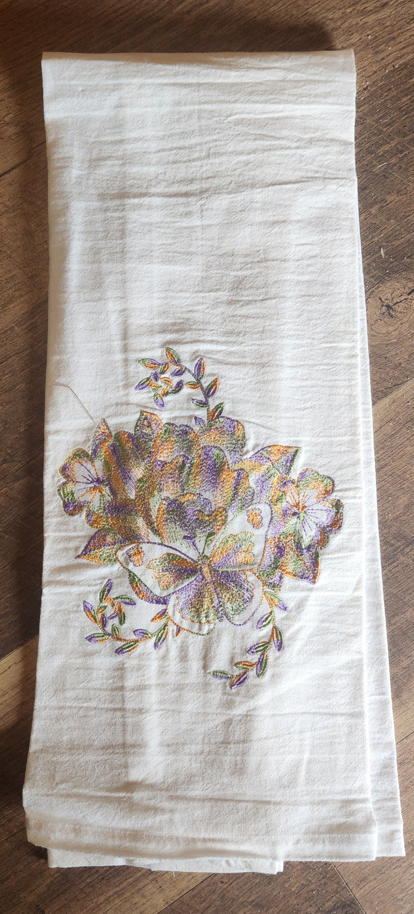 Embroidered Tea Towel With Butterfly Motif in variegated Thread