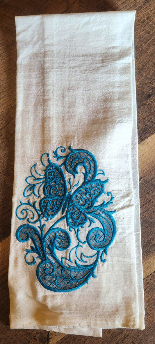 Embroidered Tea Towel with Butterfly Motif in Turquoise Thread