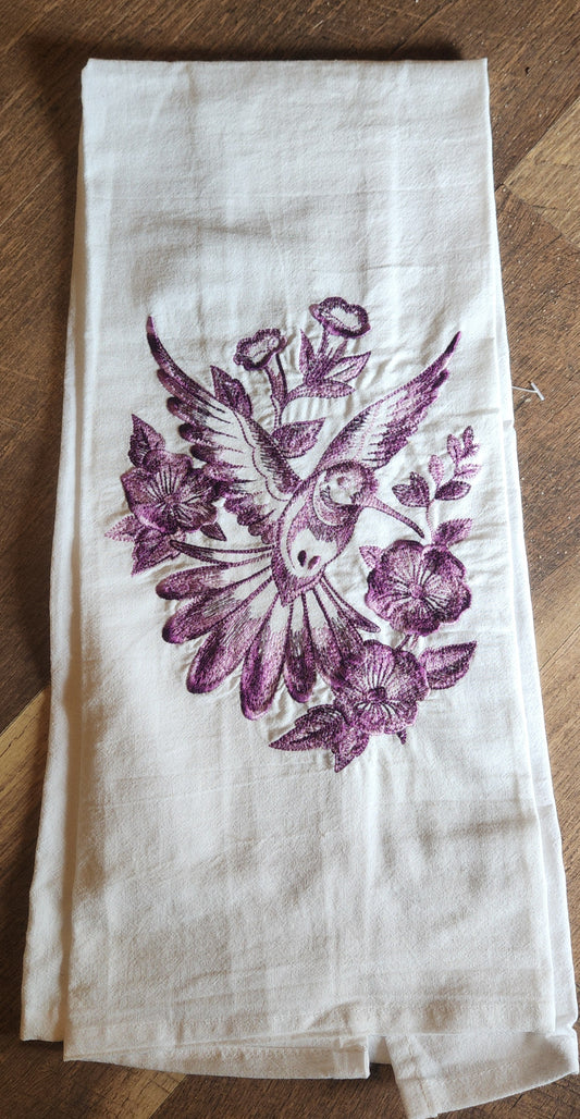 Embroidered Tea Towel with Humming Bird Motif in Purple Thread