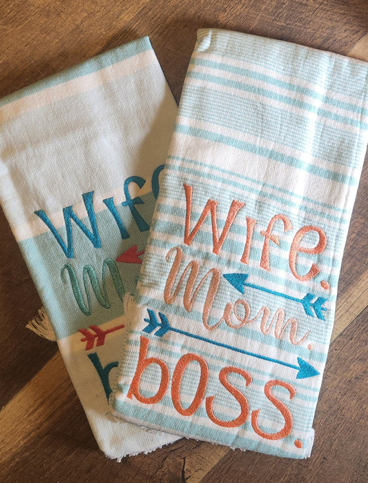 Embroidered "Wife Mom Boss" Kitchen Towel set of 2