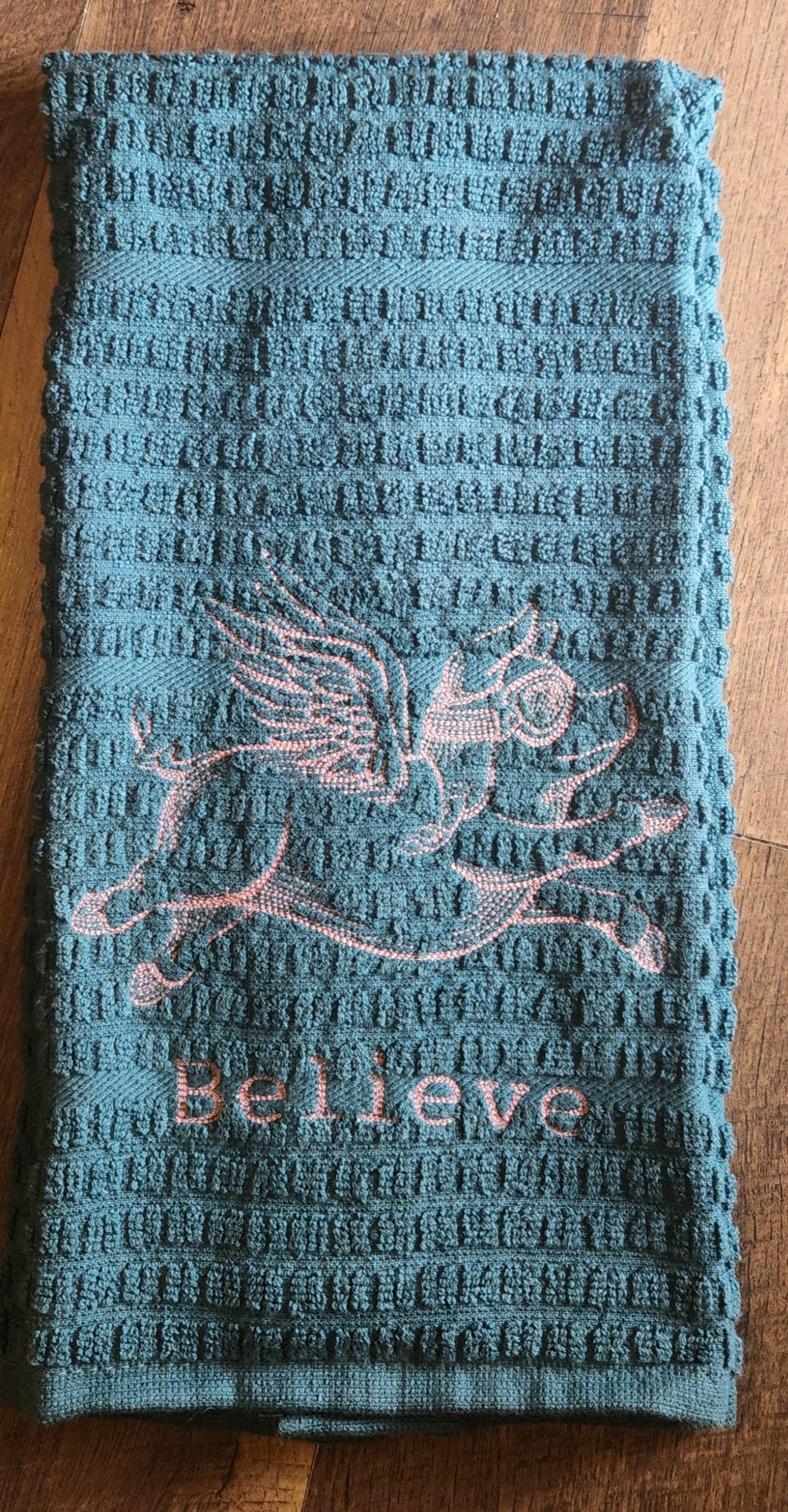 Embroidered "Believe" Flying Pig Kitchen Towel