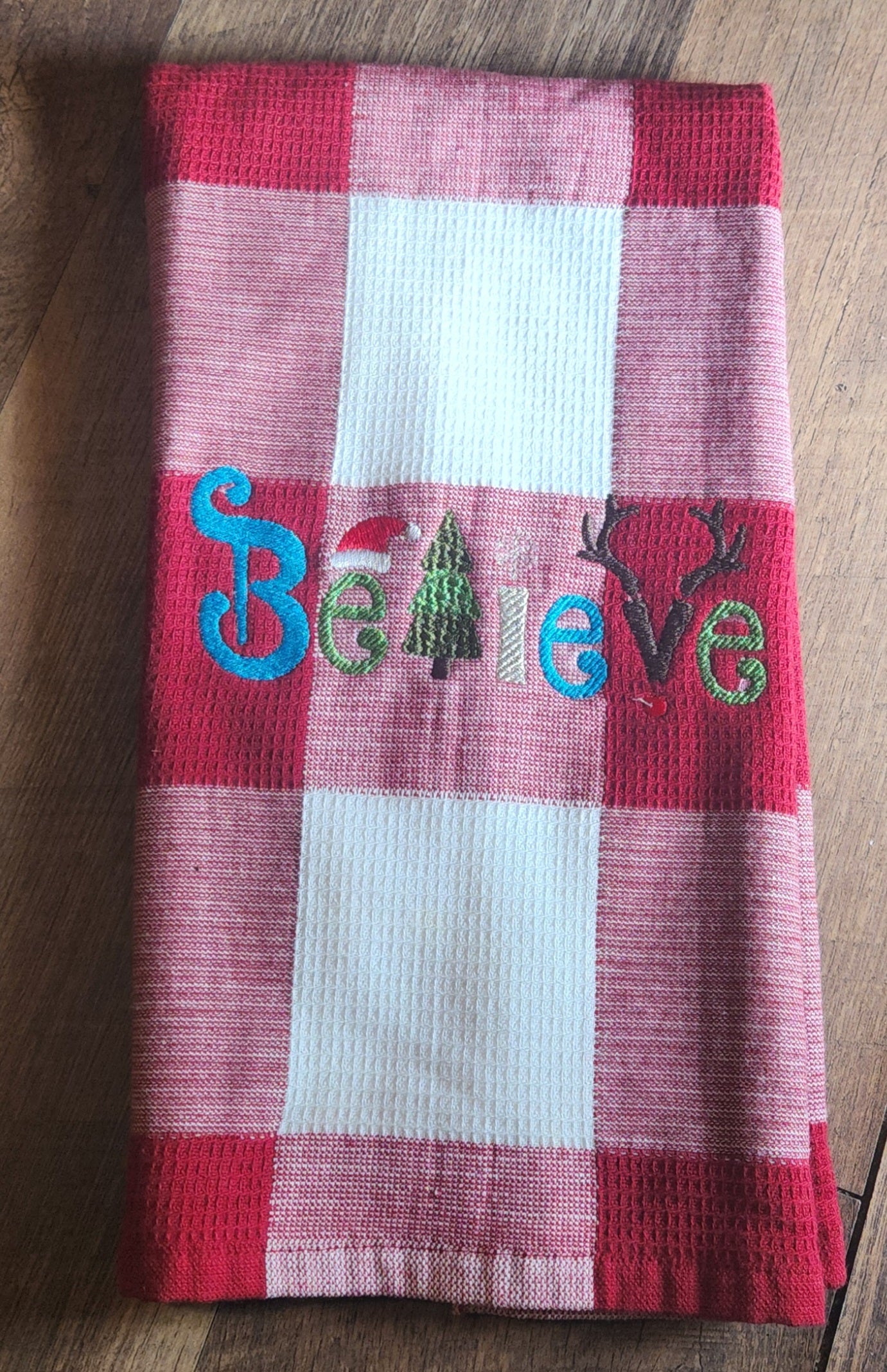 Embroidered "Believe" Christmas Kitchen Towel