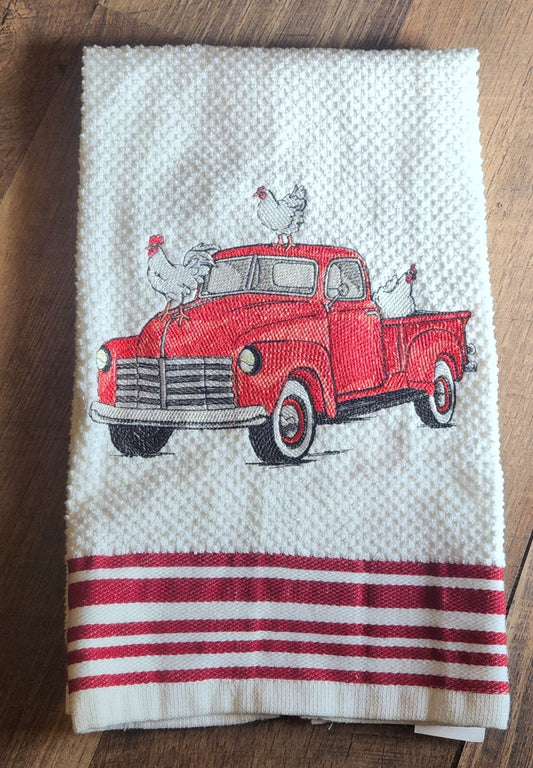 Embroidered Red Truck with chickens Kitchen Towel